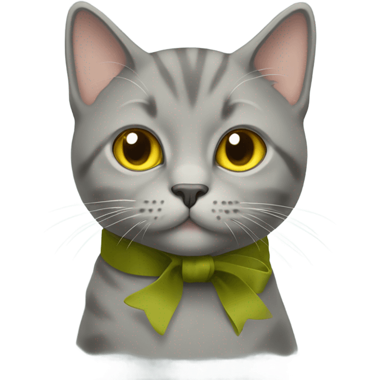 yellow british gray cat with olive color ribbon emoji