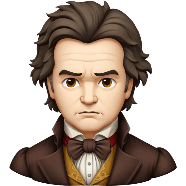 Cinematic Realistic Beethoven Portrait Emoji, depicted as a passionate composer with intense expressive features in period attire, rendered with rich textures and dramatic moody lighting that captures the turbulent genius of his music. emoji