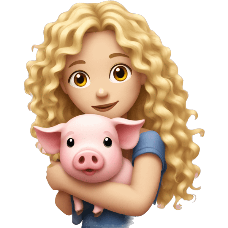 pretty curly long blonde girl hugging a pig emoji