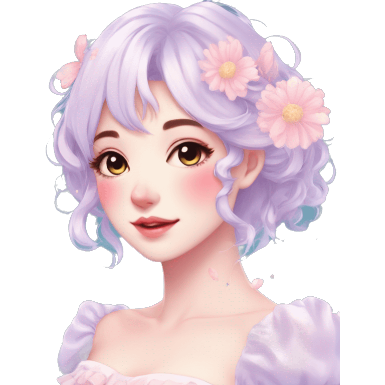 Gorgeous pastel anime style lady with blushing face and flowers cottagecore fairycore pastelcore colorful pearly romantic simplistic aesthetic trending style emoji