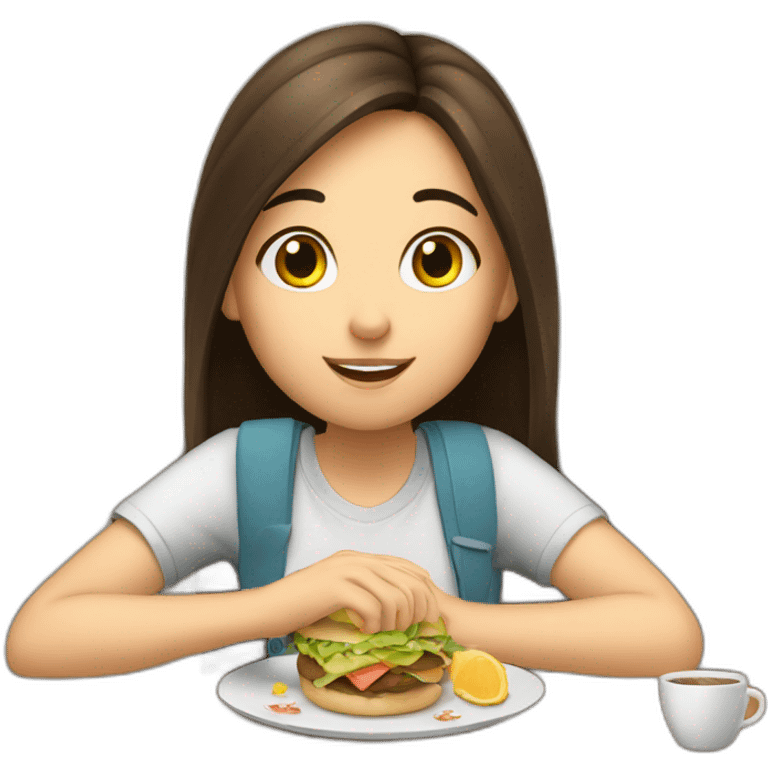 A brunette girl taking a break from studying by eating emoji