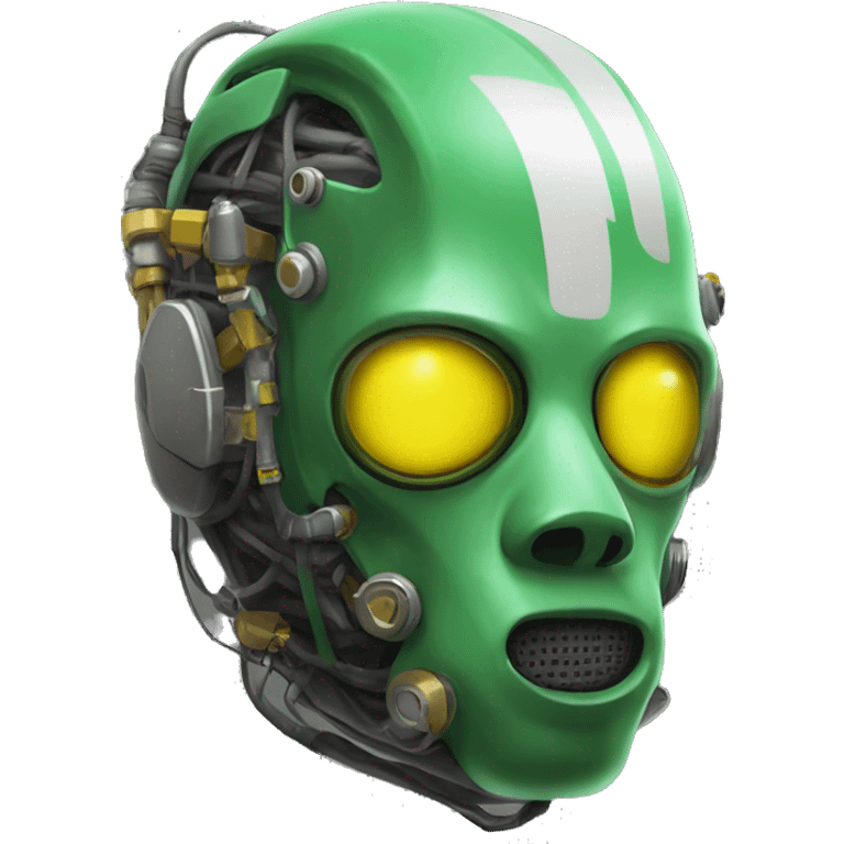 Green skin cyborg head with dark yellow Mohawk, white respirator mask and circuitry emoji