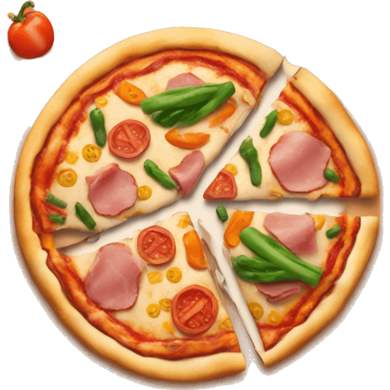 Pizza with vegetables, ham, chicken and hot sauce emoji