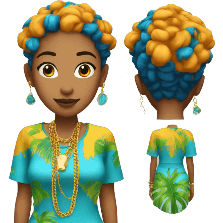 Person wearing funky tropical outfit collage with gold chain necklace and blue and ginger dyed hair emoji