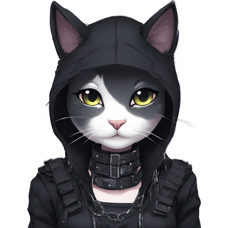 Gorgeous gothic dark techwear anime style anthro cat with blushing face aesthetic and pretty edgy black with collar and harness trending style emoji