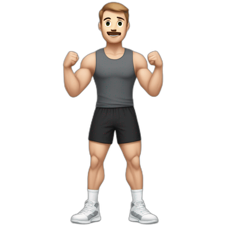 Full height Actively gesturing with hands Pale skinned Fit Man With the biceps and brown hair in dark gray Sleeveless Mike, black oversize sports shorts, watch and white Sneakers emoji