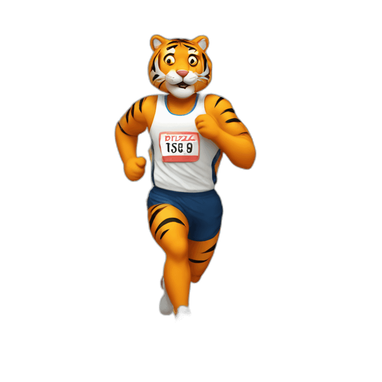 tiger running a marathon with a pizza emoji