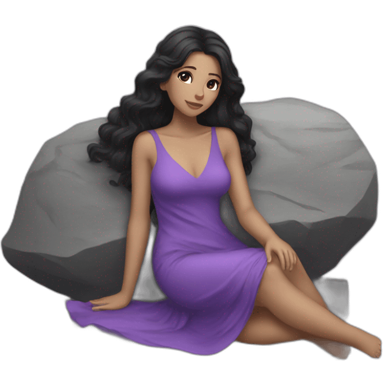 a black hair white girl laying back on stone with purple dress emoji