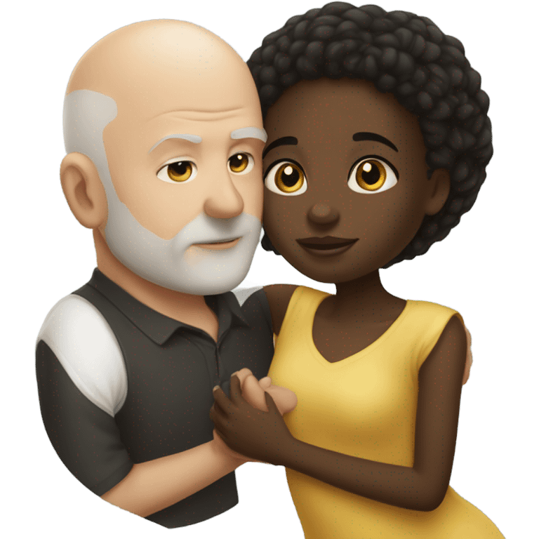 African  girl dark hair kissing white bald man emoji