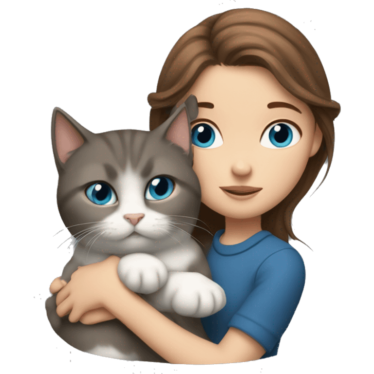 A girl with brown hair and gray-blue eyes hugs a gray Scottish cat emoji