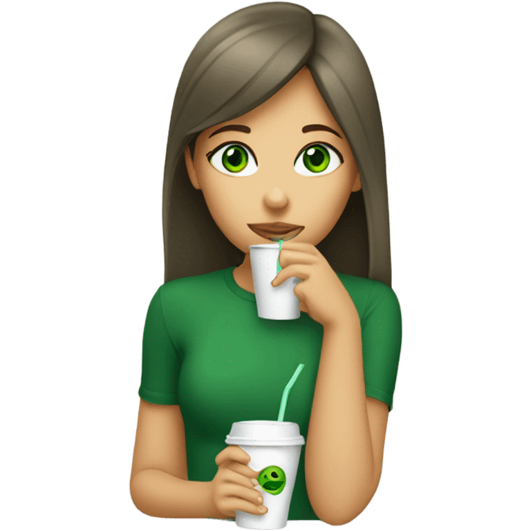 girl drinking from disposable cup with green eyes emoji