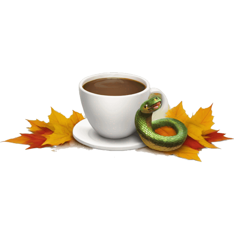 snake in autumn leaves drinks hot coffee emoji