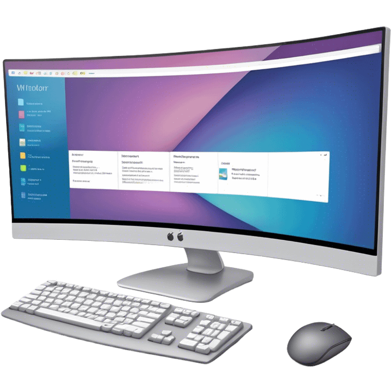 Create an emoji for UX/UI design. Show  large curved monitor displaying windows with UX/UI design HTML program interface. Include a mouse, keyboard, and stylus next to the screens. Use modern, professional colors. Do not include any emojis or smiley faces. Make the background transparent. emoji