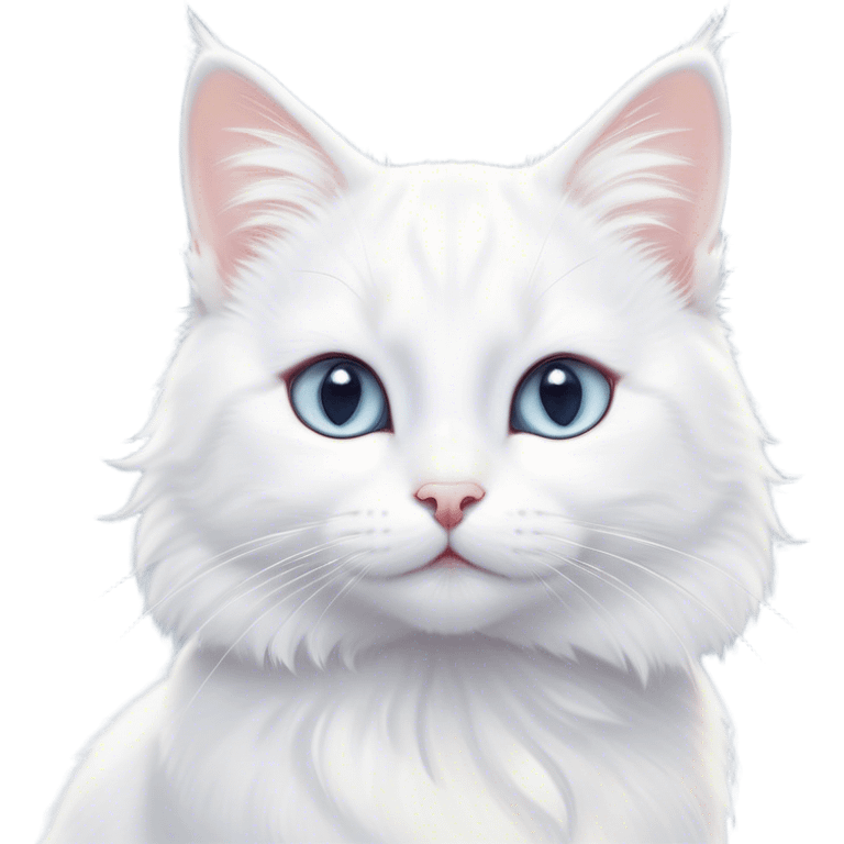 Cinematic Cute White Cat Portrait Emoji, Head tilted with a soft, gentle smile and sparkling eyes, featuring a silky, pristine white fur with subtle silver highlights, simplified yet irresistibly adorable, highly detailed, glowing with a warm, snowy glow, high shine, radiating affectionate charm and tender grace, styled with a light, playful outline, capturing the essence of a cute white cat that looks as if it could melt your heart with a single blink! emoji