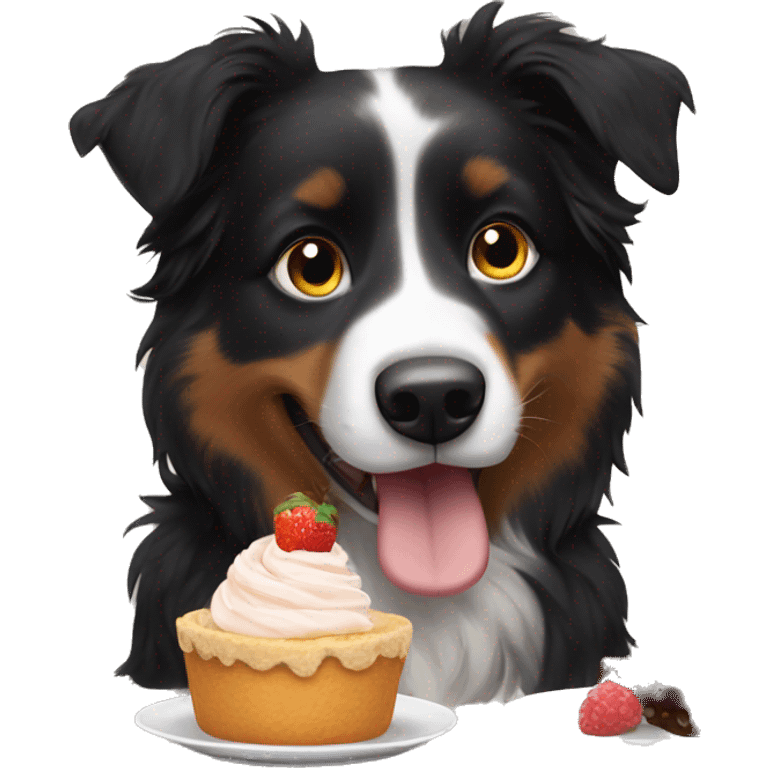 Small black australian shepherd dog eating dessert  emoji