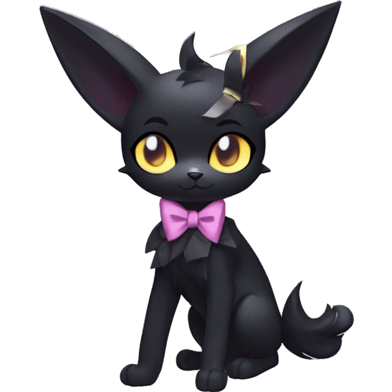 Shiny Dark Cool Edgy Black beautiful ethereal fantasy Kawaii Sona Umbreon-Noibat-Litten-Fakemon-cat-animal with edgy bat-ears bow tie black mane vtuber model Full Body emoji