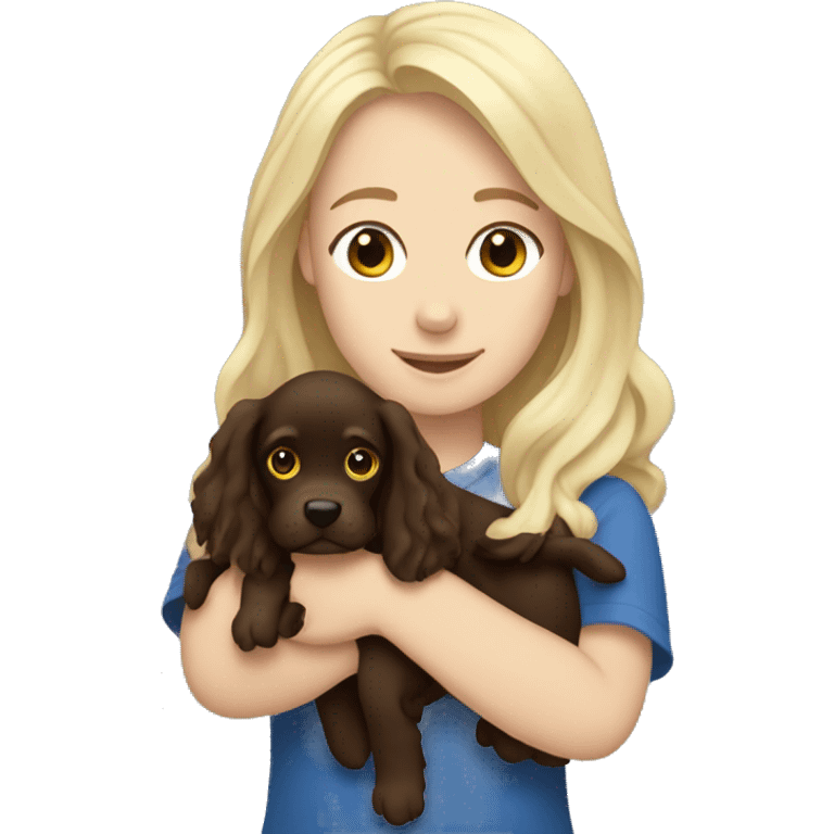 A white blonde girl holding a boykin spaniel in her arms emoji