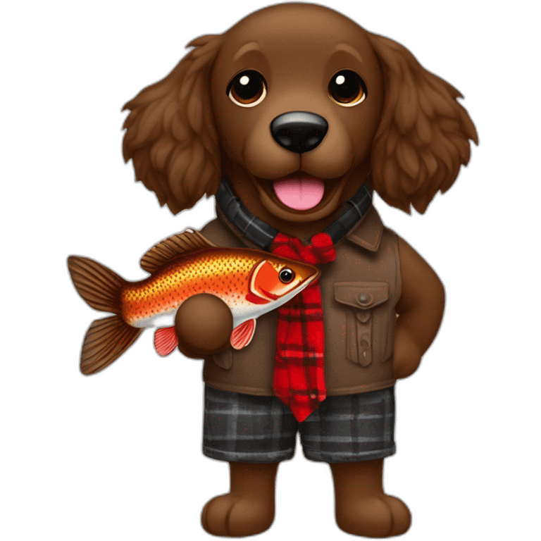 Chocolate brown colored doodle with a red and black flannel hankerchief holding a plush trout fish chew toy emoji