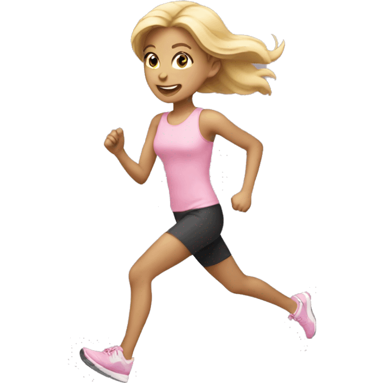 blonde girl running wearing pastel pink emoji