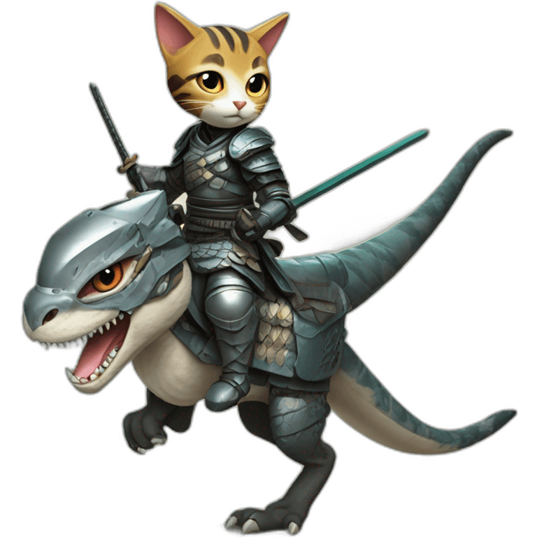 samurai cat riding a velociraptor with a futuristic armor emoji