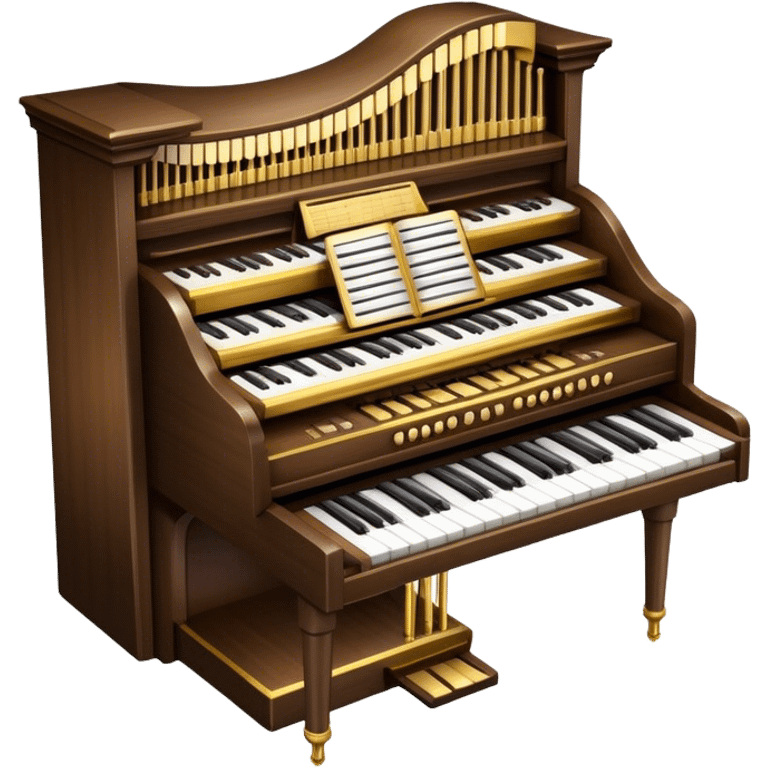 Create an elegant and majestic emoji representing a classical organ. The design should feature the grand pipes of the organ in the background, with visible details of the keys and pedalboard in the foreground. The pipes should be tall and impressive, with a mixture of gold, silver, and metallic shades to emphasize the grandeur of the instrument. The keyboard and pedals should be well-defined, capturing the intricate craftsmanship of the organ. Use dark wood tones and gold accents for the body of the instrument to give it a rich, historic feel. Add subtle musical notes around the organ to evoke its deep, resonant sound. The background should be transparent. emoji