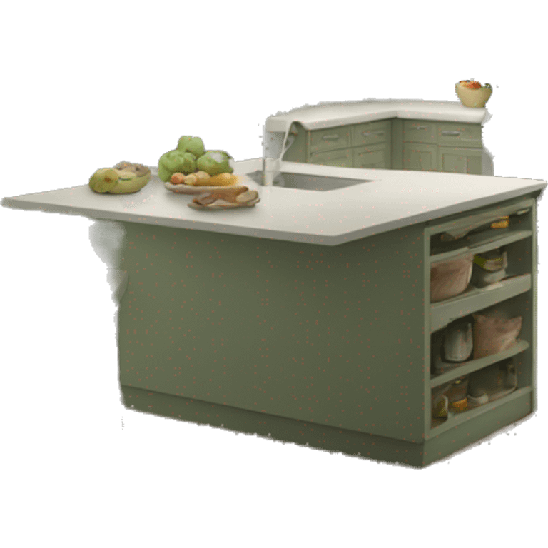 Realistic front facing sage Green Kitchen with counters and cabinets.  emoji