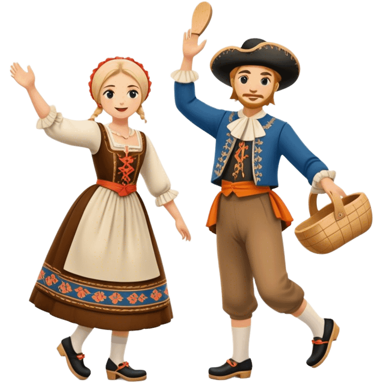 Cinematic Realistic scene of two performers executing the Klompendans, dressed in traditional Dutch costumes complete with wooden clogs and detailed folk patterns, captured in lively motion with soft, natural lighting emoji