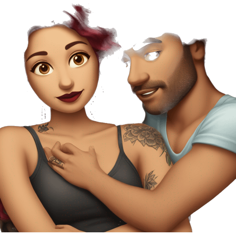 Beautiful tattooed burgundy long haired woman laying on the boyfriends chest emoji