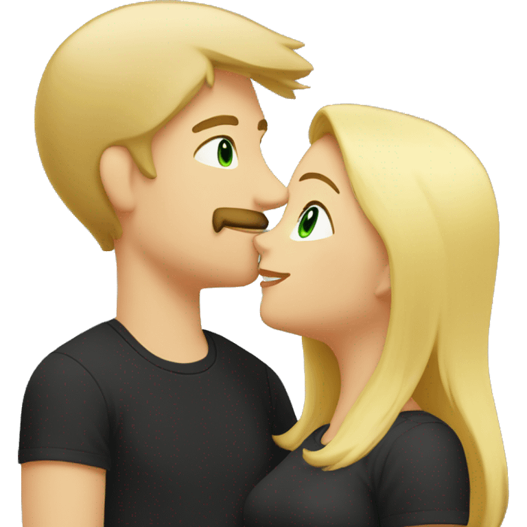 woman with green eyes and middle length blond straight hair in black t-shirt kissing a guy who is taller than her. He has blond hair, has a moustache and is wearing a grey t-shirt. emoji