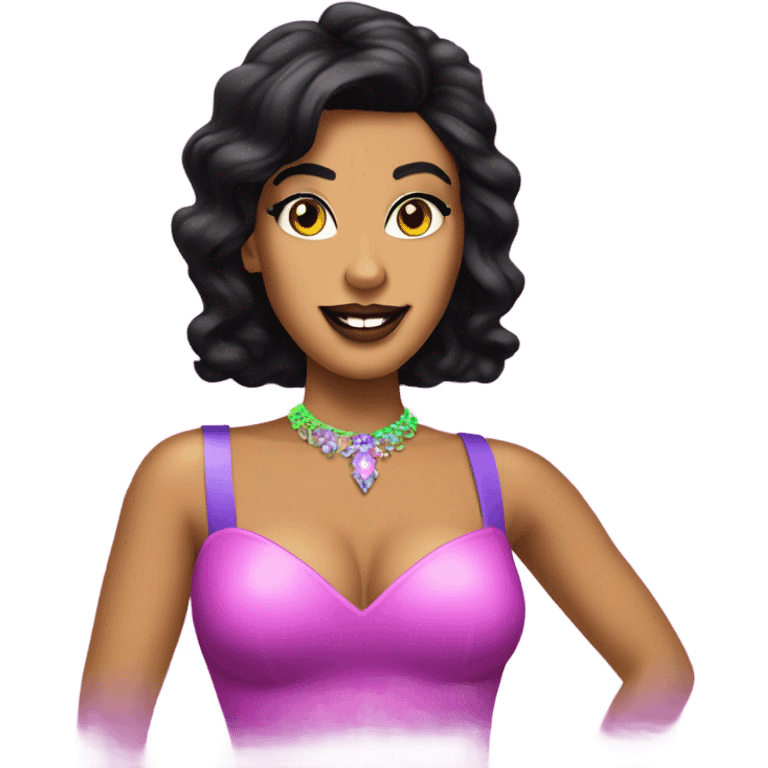 Tanned woman with black hair dressed in 1990s pop princess hair, makeup, and neon attire  emoji