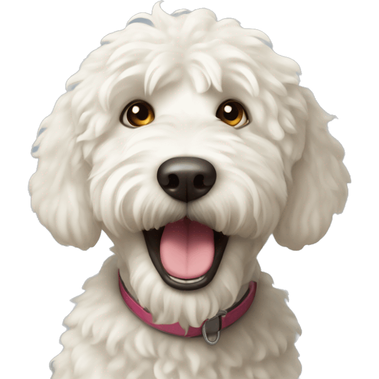 White labradoodle with mouth open  emoji