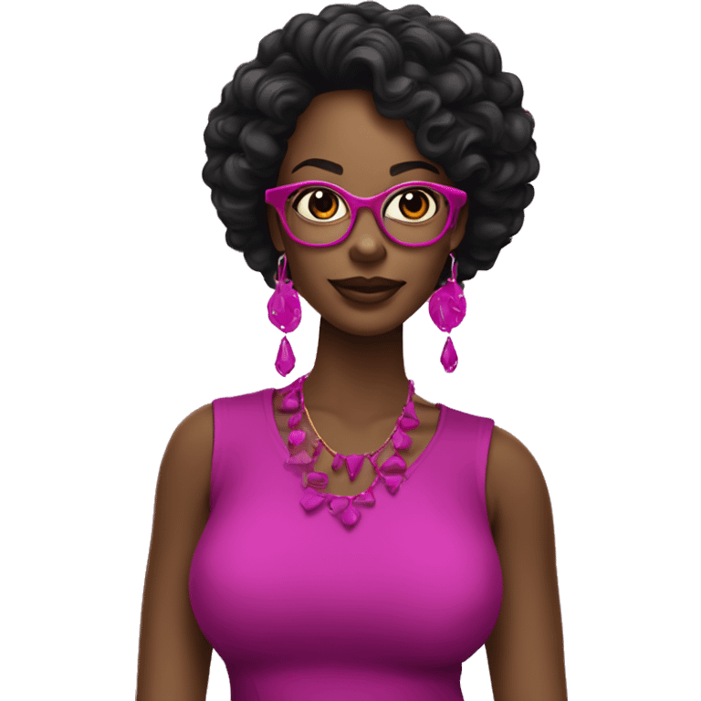 black women with earrings with fuchsia glasses with long black curly hair emoji