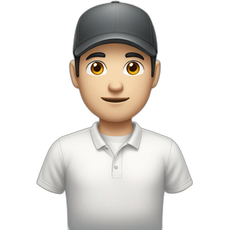 Pale skinned Man with black hair in a white cap and dark gray polo T-shirt with a box into his hands emoji