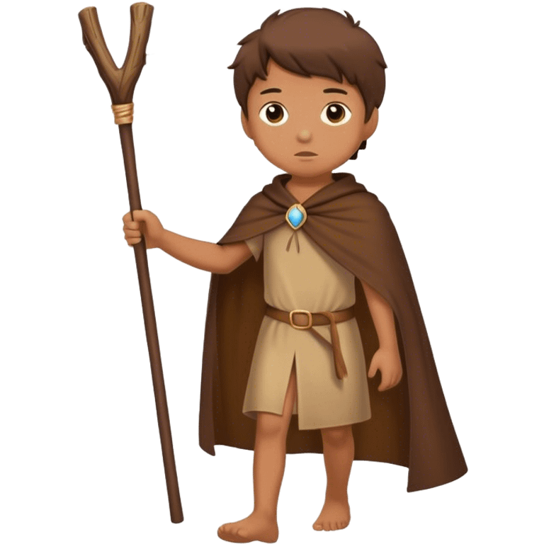 Boy walking with brown mantle and stick emoji