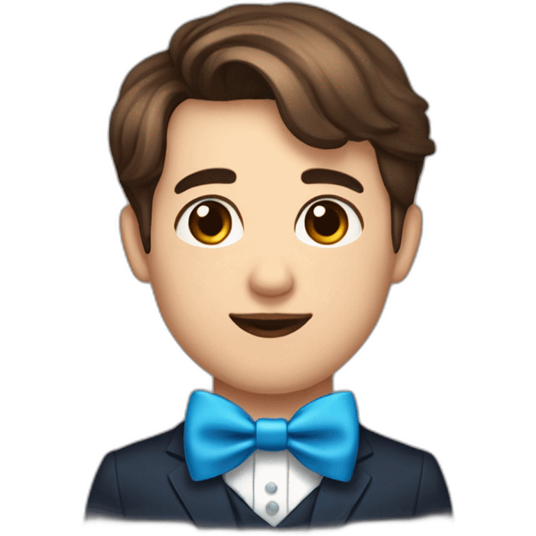 A obèse young male tennager with a beauty spot on chin with a round face and very short brown hair and a mole on chin wearing a blue bow tie emoji