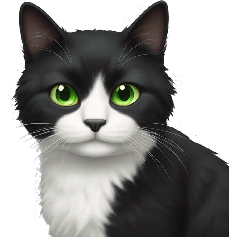 Fluffy black cat with white chest and green eye emoji