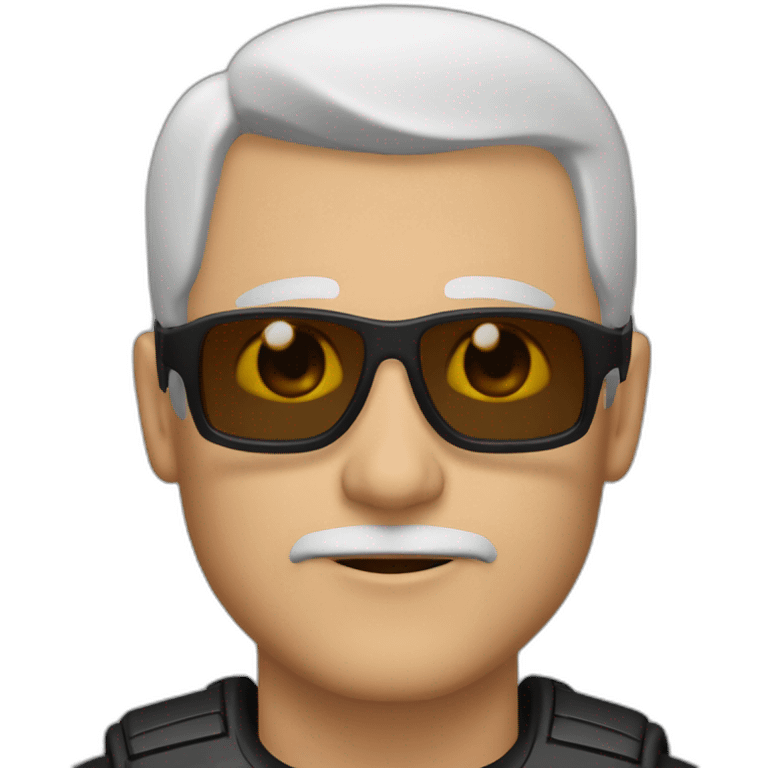 56 year old white man, balled, brown eyes, black motorcycle suit, sunglasses on forehead emoji