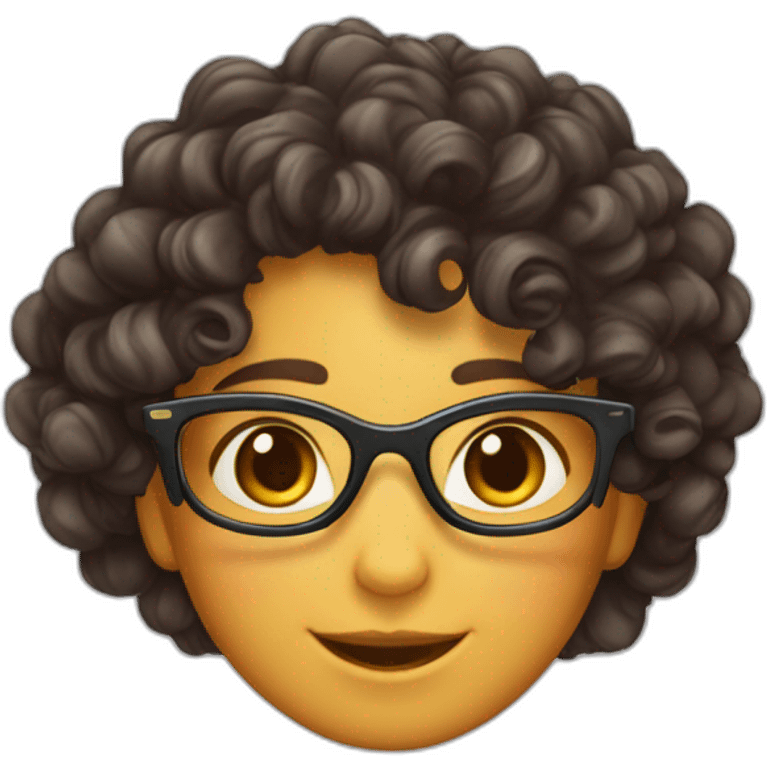 Spanish skin #8f6354 color, hair curly long with gradient from #382b26 to #876c55, has glasses with rectangular shape, has tortoiseshell cat ears, and is happy emoji