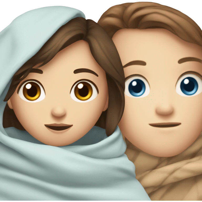 Brunette white girl with blue eyes in a blanket with boy with brown eyes  emoji