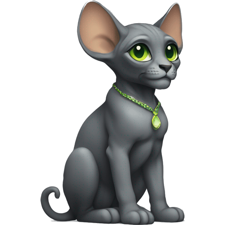 Pretty sphinx dark gray with big ears and green eyes. Sitting and licking  emoji