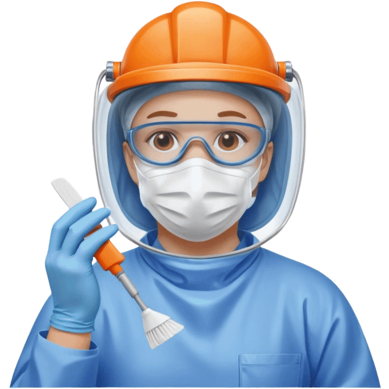 A meticulous cleanroom worker dressed in full protective gear, including a blue sterile suit, a face mask,  and orange gloves.  cleaning glasses with a wipe in one Hand emoji