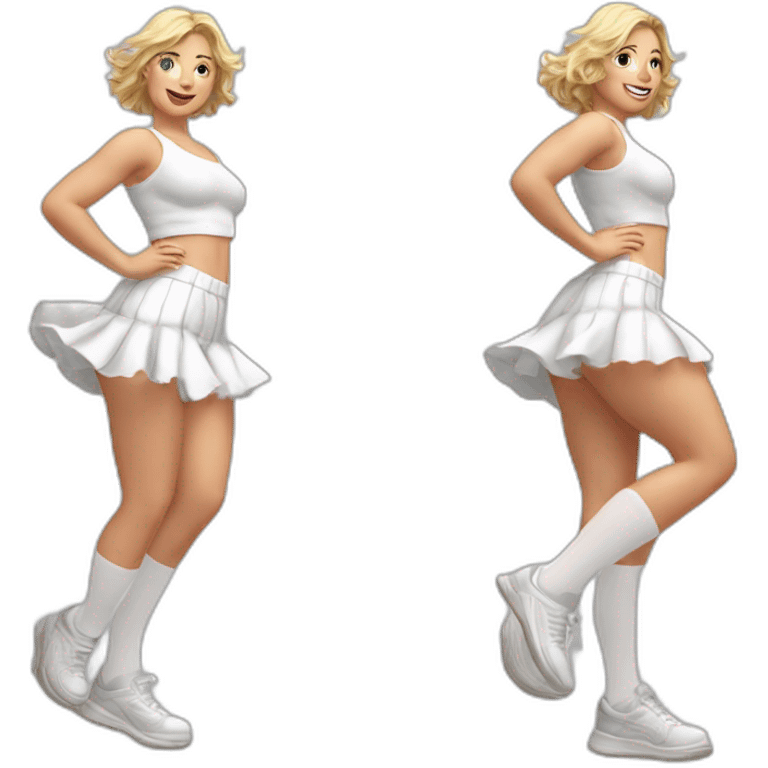 Hyperrealistic Full body Caucasian curvy beauty jumping short white skirt back and front views strong wind knickers long white socks emoji