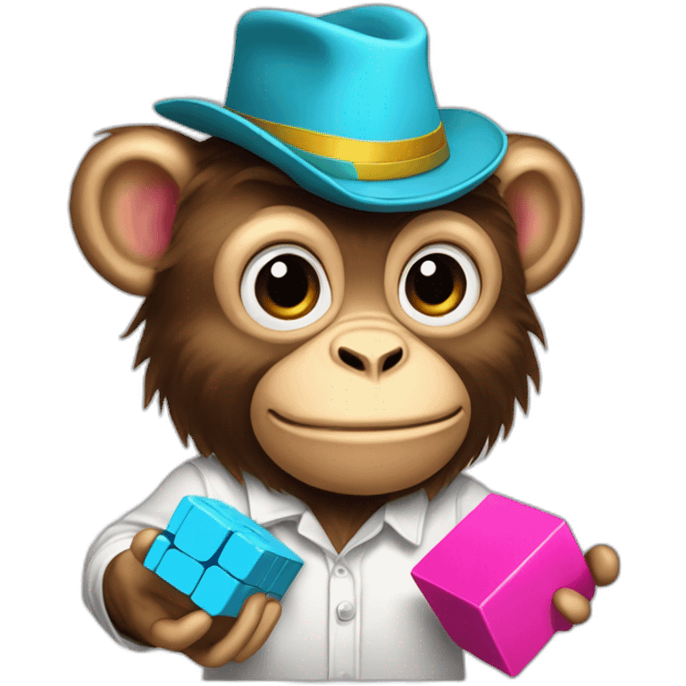 Monkey with hat glazzes a shirt and pants and pink shoes and a Rubix cube in hes hands emoji