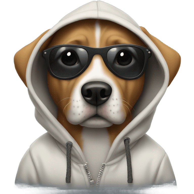 Dog wearing a hoodie and sunglasses emoji