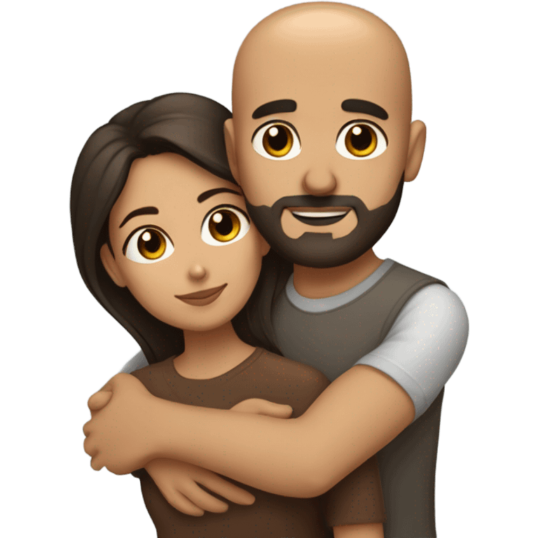 Comforting hug from brunette Puerto Rican with dark brown eyes to short, bald man with brown eyes and a beard emoji