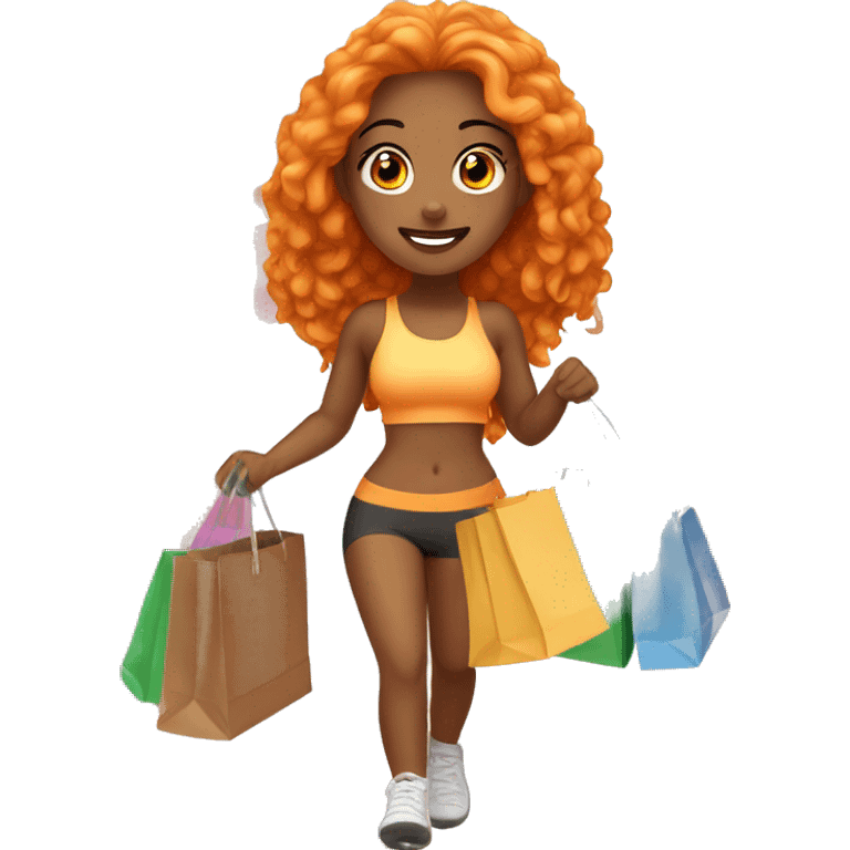 Tan girl with long orange hair wearing cute gym outfit holding shopping bags emoji