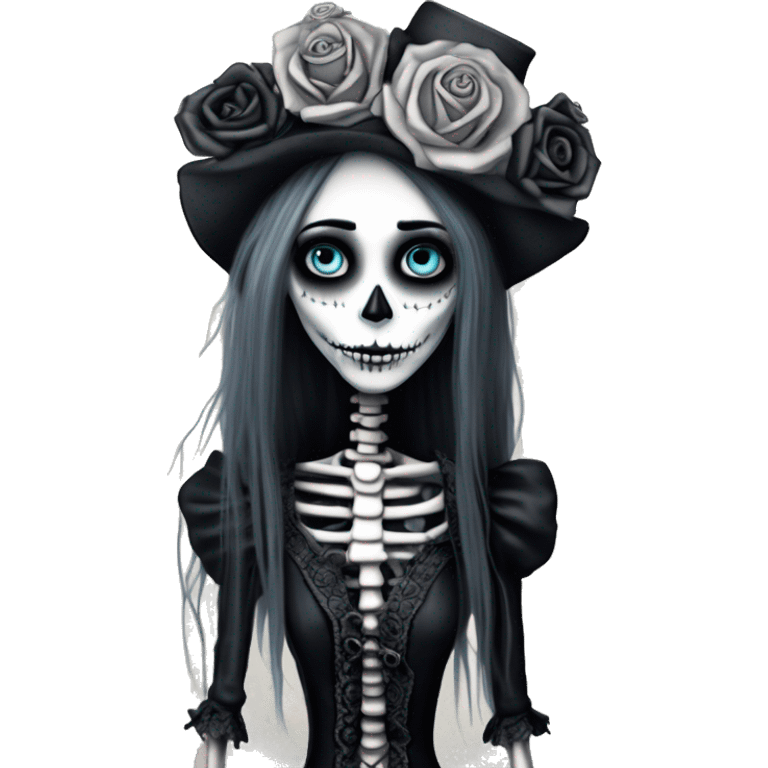 full height skeleton, tim burton "corpse bride", thin porcelain doll with a cracked face, goth makeup watery eyes, long hair, lace and ruffles, lolita style, inked, black and white, red roses, gothic castle with roses emoji