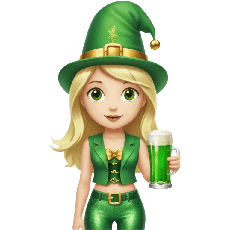 Blonde haired girl in glittery green bell bottoms and tall leprechaun hat holding a green beer emoji