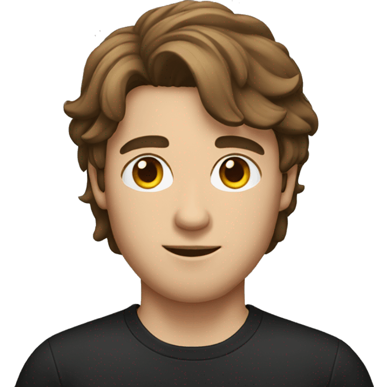 Man with brown hair and eyes in a black T-shirt with hair back emoji