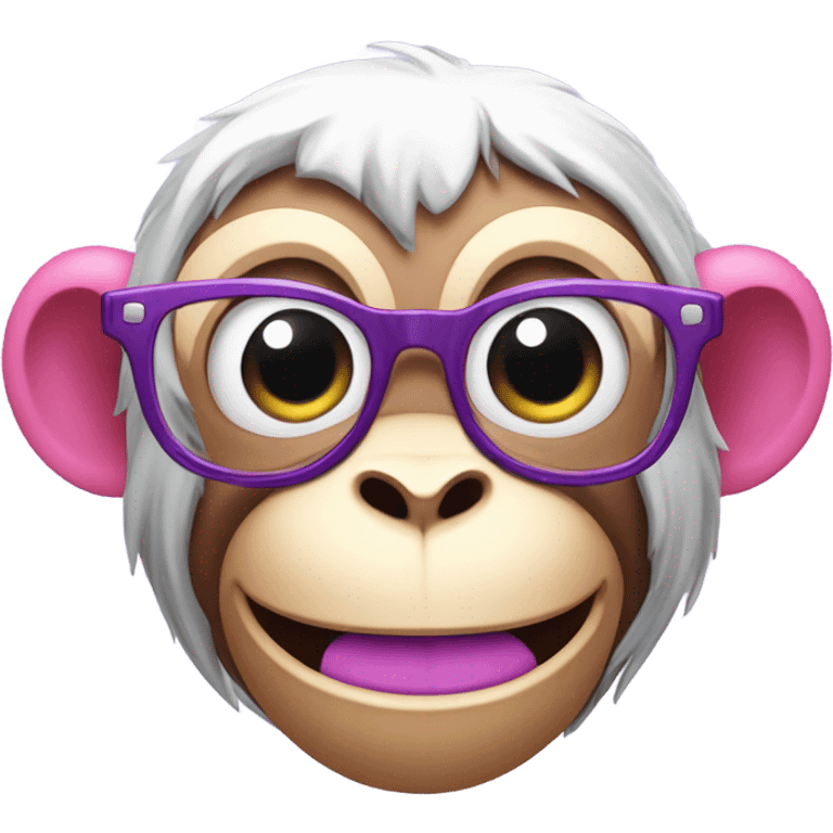 Pink monkey wearing glasses with purple teeth laughing and tears coming out of eyes emoji